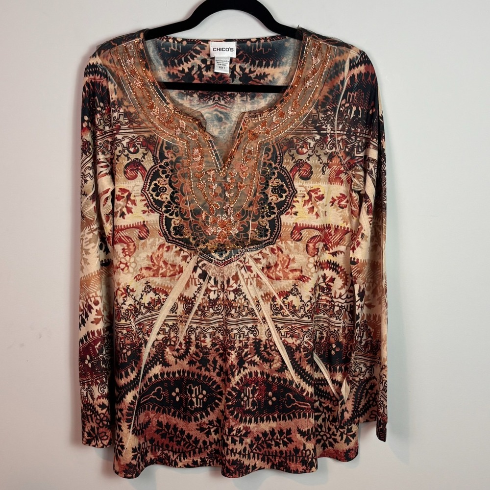 Chico's Womens Y2K Brown Floral Embroidered Boho Blouse sz 1/MED Peasant Fall